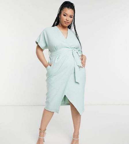 Vestito midi stile kimono color menta a portafoglio con cintura - Closet London Plus - Modalova