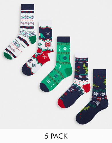 Confezione da 5 paia di calzini natalizi con motivo Fair Isle rossi, blu e verdi-Blu navy - ASOS DESIGN - Modalova