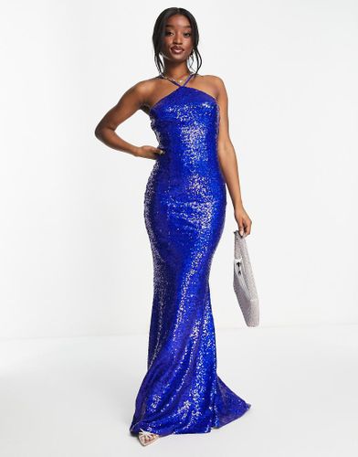 Vestito lungo con spalline sottili allacciato al collo con paillettes in blu reale - Goddiva - Modalova