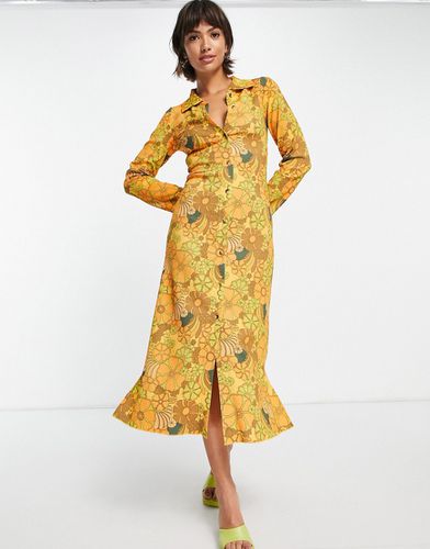 Vestito midi in poliestere giallo caldo con stampa a fiori anni '70 e bottoni - YELLOW - Damson Madder - Modalova
