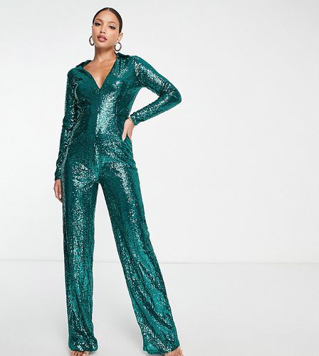 Esclusiva In The Style Plus - Tuta jumpsuit a fondo ampio con scollo profondo verde con paillettes - In The Style Tall - Modalova