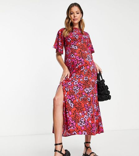 Vestito midi da giorno rosso e rosa a fiori con maniche con volant - Influence Maternity - Modalova