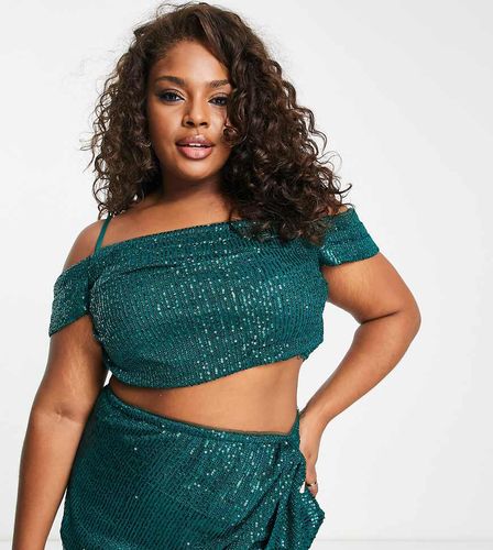 Crop top con spalle scoperte e paillettes smeraldo in coordinato-Verde - Jaded Rose Plus - Modalova