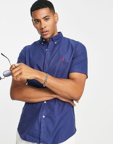 Camicia Oxford slim fit a maniche corte blu navy tinta in capo con logo del pony - Polo Ralph Lauren - Modalova