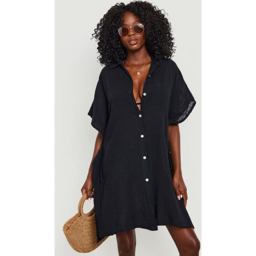 Tunica a camicia da mare in lino con bottoni e maniche ad ala di pipistrello - boohoo - Modalova