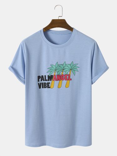 Uomo Palm Tree & Letter Print Casual Tutti abbinati Skin Friendly Crew Collo T-shirt - Limespar - Modalova