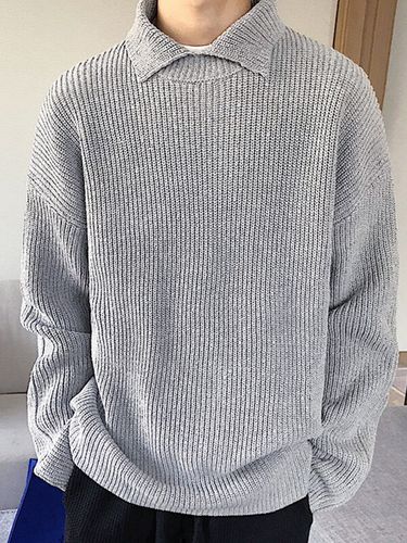 Mens Lapel Solid Color Pullover Knitting Sweater - INCERUN - Modalova