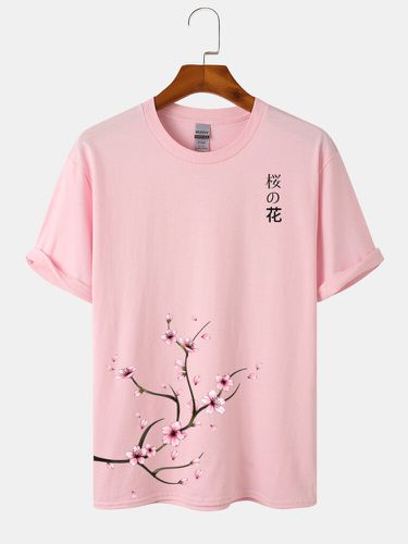 T-shirt da uomo in cotone a maniche corte con stampa fiori di ciliegio in stile giapponese - ChArmkpR - Modalova