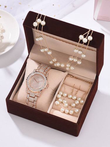 Pezzi combinazione donne Watch set completo di diamanti tondi Watch braccialetto di perle orecchini collana kit regalo - Newchic - Modalova