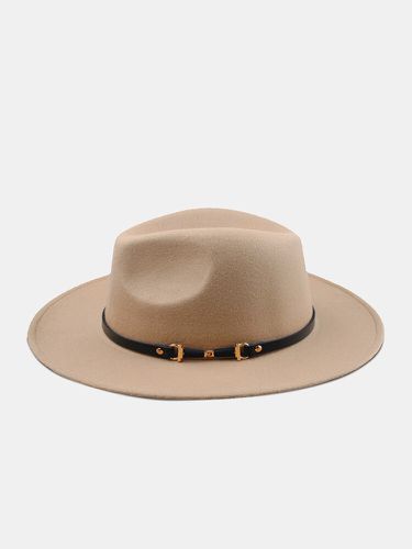 Cappello Fedora in feltro di lana unisex con decorazione con cinturino in tinta unita con tesa piatta grande - Newchic - Modalova