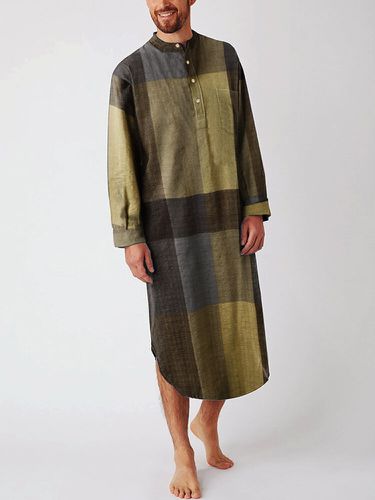 Camicie da uomo al polpaccio in caftano etnico in cotone a quadretti, design traspiranti e casual - INCERUN - Modalova