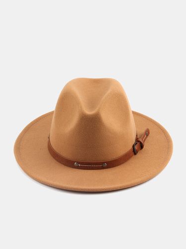 Unisex feltro di lana tinta unita rivetto fibbia cinturino decorazione addensare cappello a tesa piatta cappello fedora - Newchic - Modalova