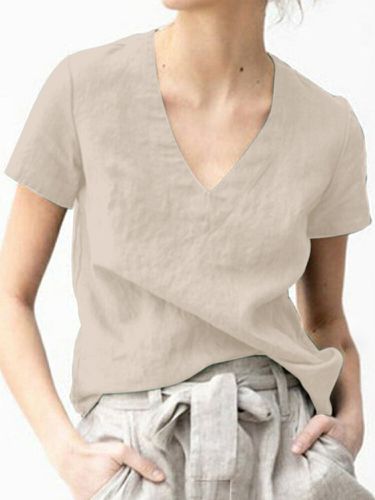 T-shirt in cotone casual a manica corta con scollo a V tinta unita - ZANZEA - Modalova