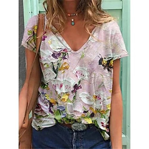 Women's Daily T shirt Tee Floral Short Sleeve Graphic Flower V Neck Print Basic Tops Green Blue Pink S / 3D Print - Ador IT - Modalova