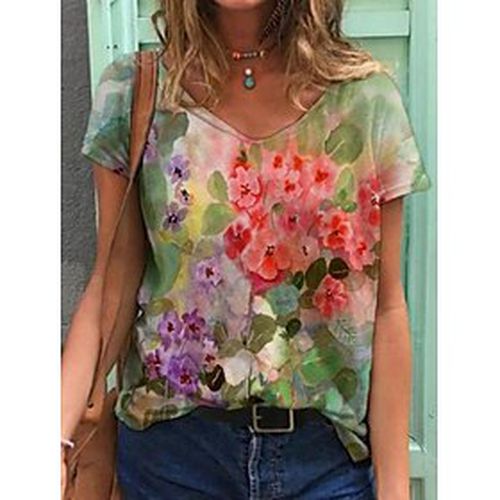 Women's Daily T shirt Tee Floral Short Sleeve Floral Graphic V Neck Print Basic Tops Green Blue Light Green S / 3D Print - Ador IT - Modalova