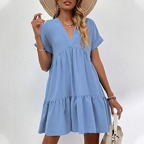 Women's Short Mini Dress Sundress Casual Dress White Blue Short Sleeve Ruffle Patchwork Pure Color Deep V Spring Summer Stylish Casual Boho 2022 S M L - Ador IT - Modalova