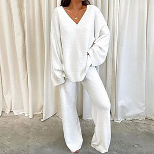 Women's Plus Size 2 Pieces Loungewear Sets Simple Comfort Pure Color Polyester Home Daily V Wire Warm Pullover Long Sleeve Pant Winter Fall Green Black - Ador IT - Modalova