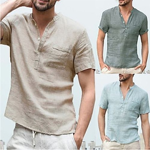 Cotton men's v-neck men's t-shirt flax loose undershirt solid color short-sleeved cotton and linen t-shirt men's casual hair - Ador IT - Modalova