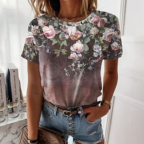 Women's T shirt Tee Floral Casual Holiday Weekend Floral Painting Short Sleeve T shirt Tee Round Neck Print Basic Essential Green Gray Purple S / 3D Print - Ador IT - Modalova