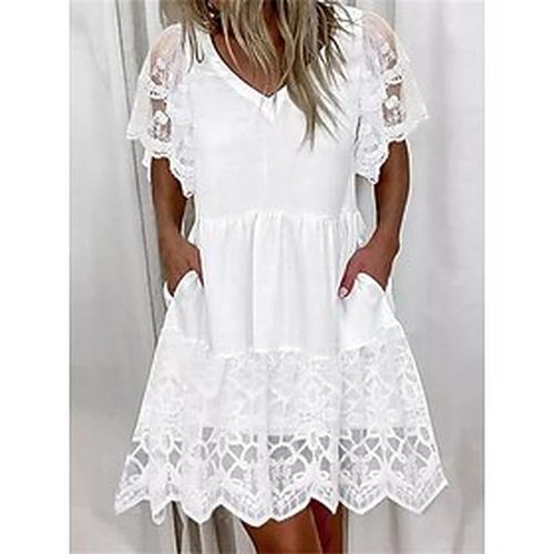 Women's Casual Dress Plain Lace Dress Plain Dress V Neck Mesh Pocket Mini Dress Outdoor Daily Fashion Streetwear Regular Fit Short Sleeve White Spring - Ador IT - Modalova