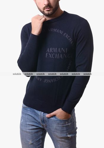 Maglione uomo blu scuro maxi logo in cotone e cachemire - Armani Exchange - Modalova