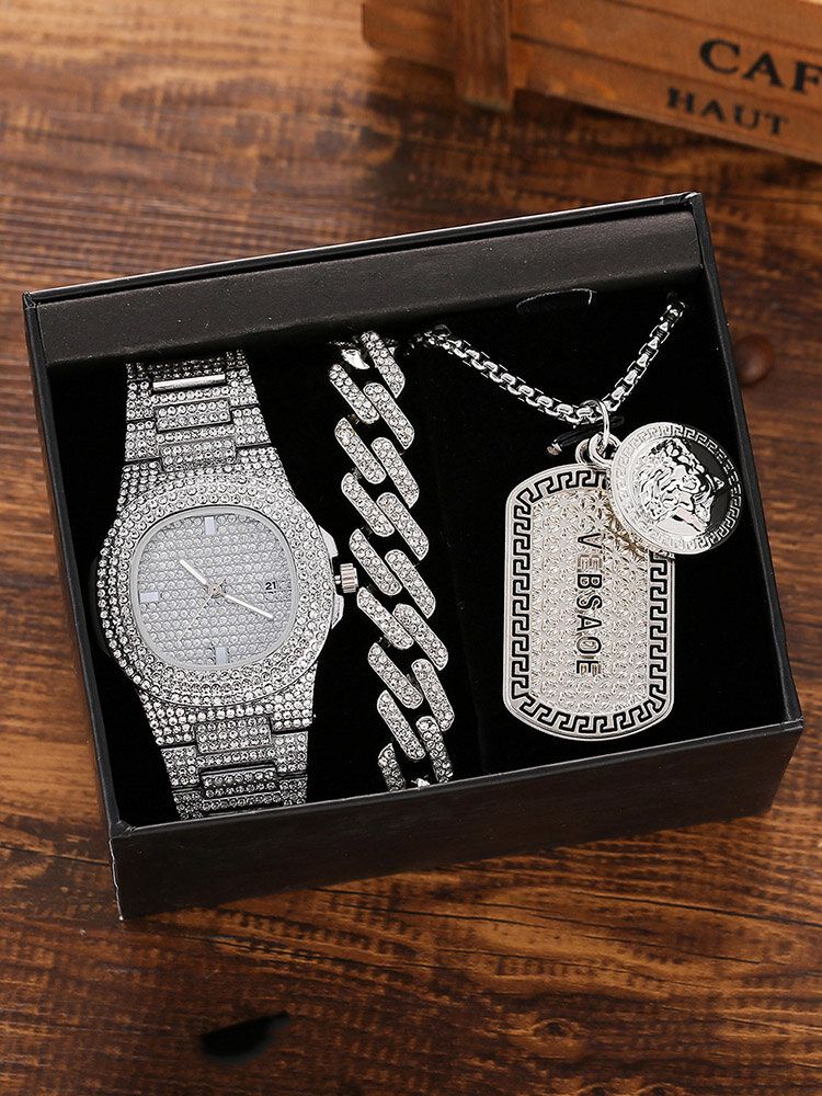Pezzi uomini Watch set intarsiato acciaio diamante Banda quarzo Watch collana braccialetto gioielli kit regalo - Newchic - Modalova